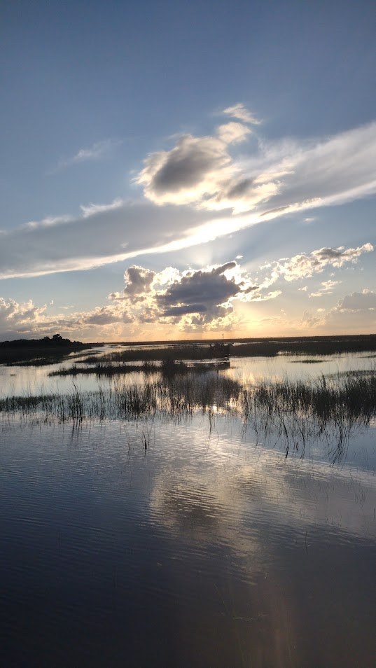 Dramatic clouds reflected on mirror-calm Everglades water
